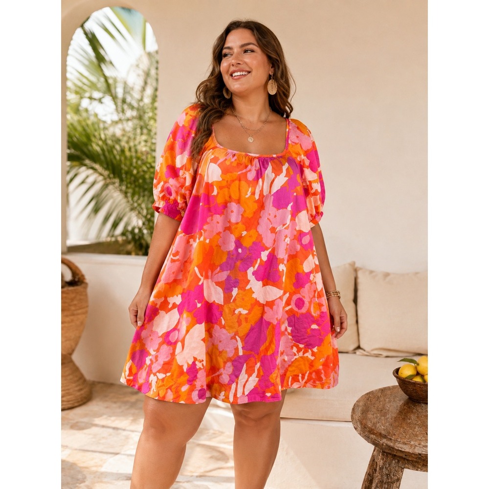 514. Boho Free Assembly Pink Orange Floral Puff Sleeve Mini Dress XL